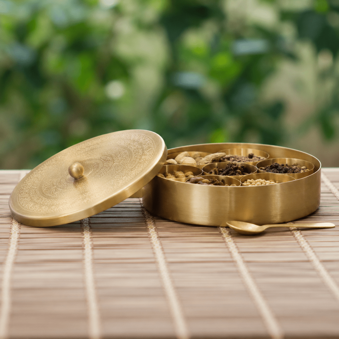 Pure Brass Masala Box | Traditional Indian Spice Container with 7 Compartments & Spoon | Handcrafted Spice Organizer for Kitchen - House of Dhatu