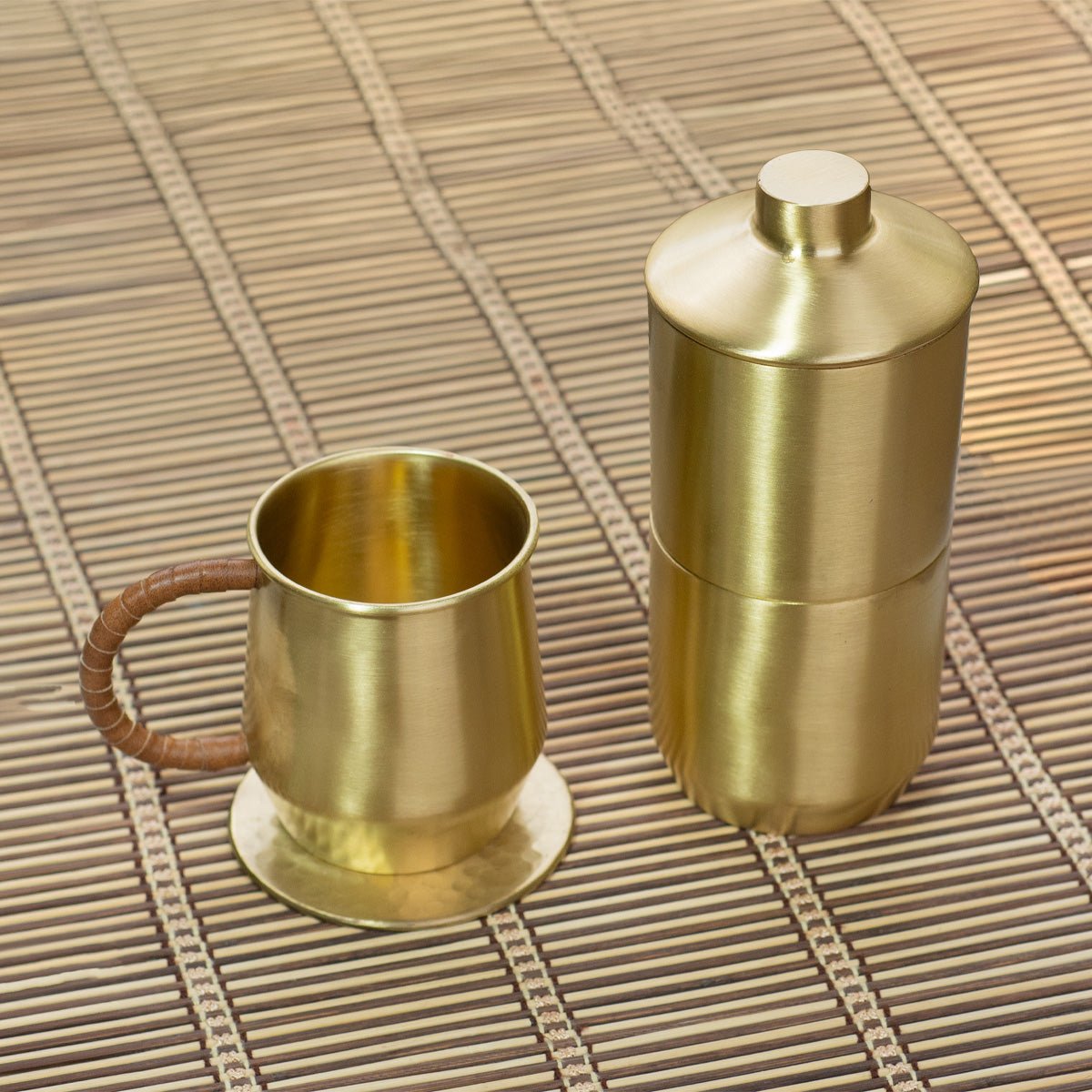 The Morning Table – Brass Coffee Maker, Mug & Hammered Coaster Set - House of Dhatu