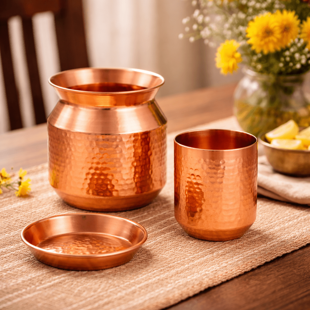 Copper Sombu (Pot) with Lid & Tumbler | Traditional Water Storage Set - Dhatu
