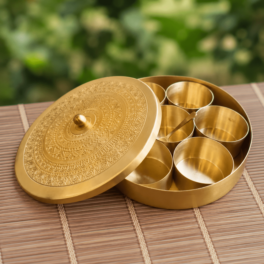 Pure Brass Masala Box | Traditional Indian Spice Container with 7 Compartments & Spoon | Handcrafted Spice Organizer for Kitchen - House of Dhatu