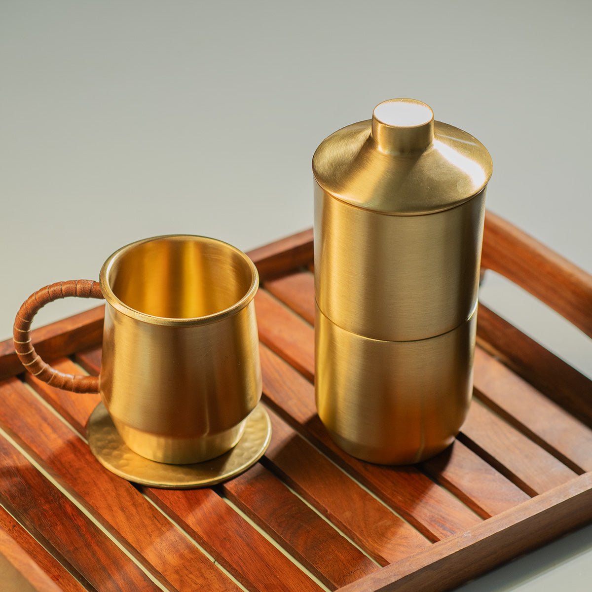 The Morning Table – Brass Coffee Maker, Mug & Hammered Coaster Set - House of Dhatu