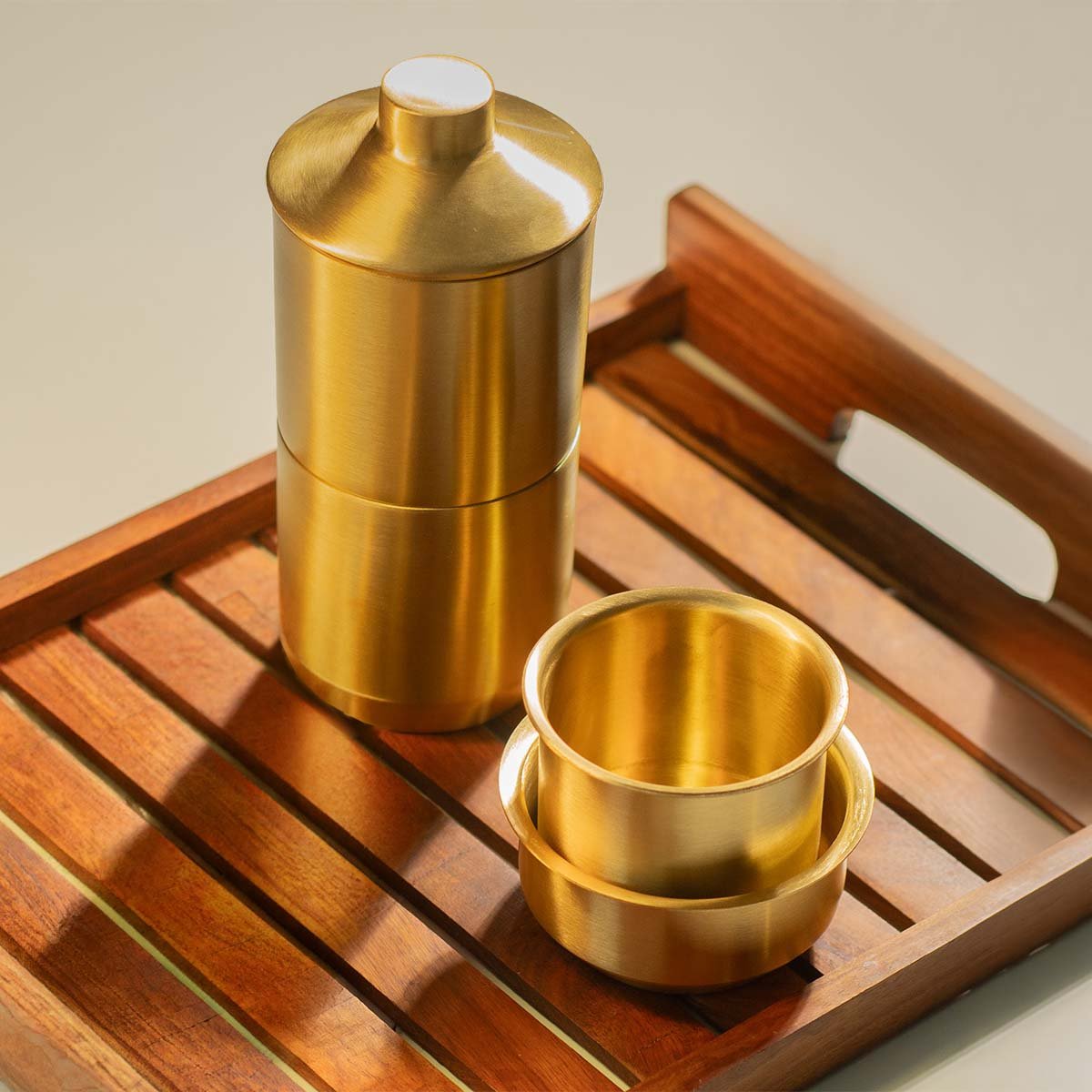 The South Indian Coffee Ritual – Brass Coffee Maker & Dabara Set (For 1) - House of Dhatu